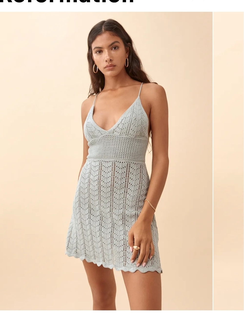 Reformation Mint Green Crochet V-Neck Mini Dress